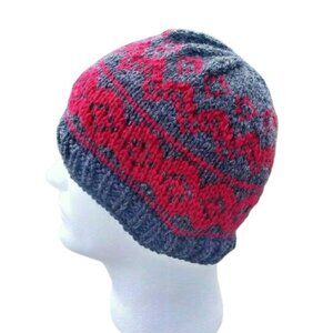 Womens Fair Isle Beanie Handmade Hat Gray Red Skully Knit Wool Nordic S/M